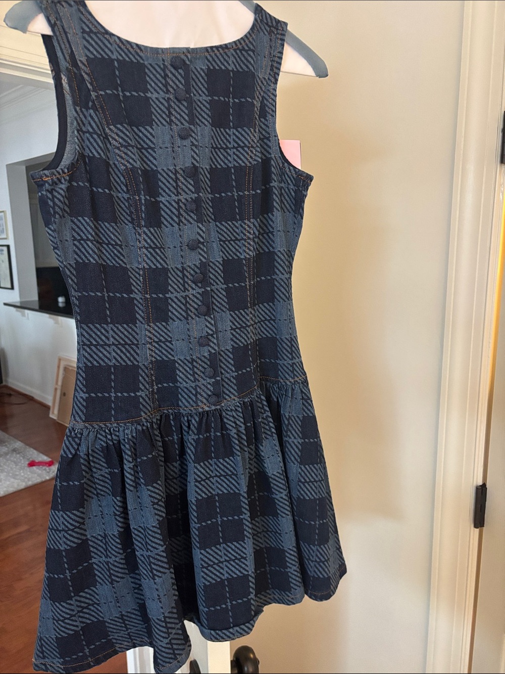 Plaid Sleeveless Drop Waist Dress in Navy